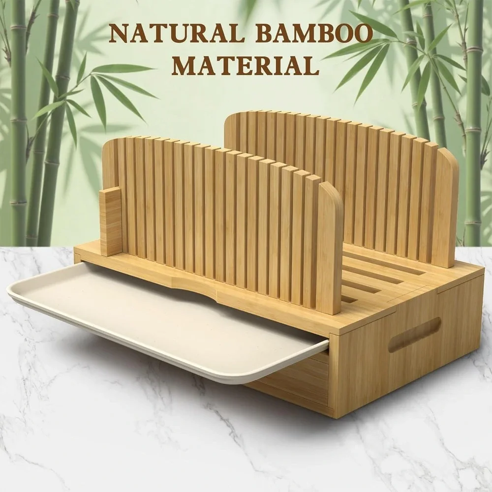 Bamboo Bread Slicer Guide Adjustable Width Wood Slicing Tool with Crumb Tray New